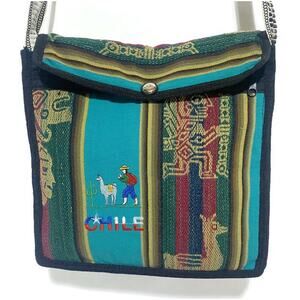 Peru Andean Shoulder Bag Llama Boho Motif Multicolor Green Blue 10 x 10